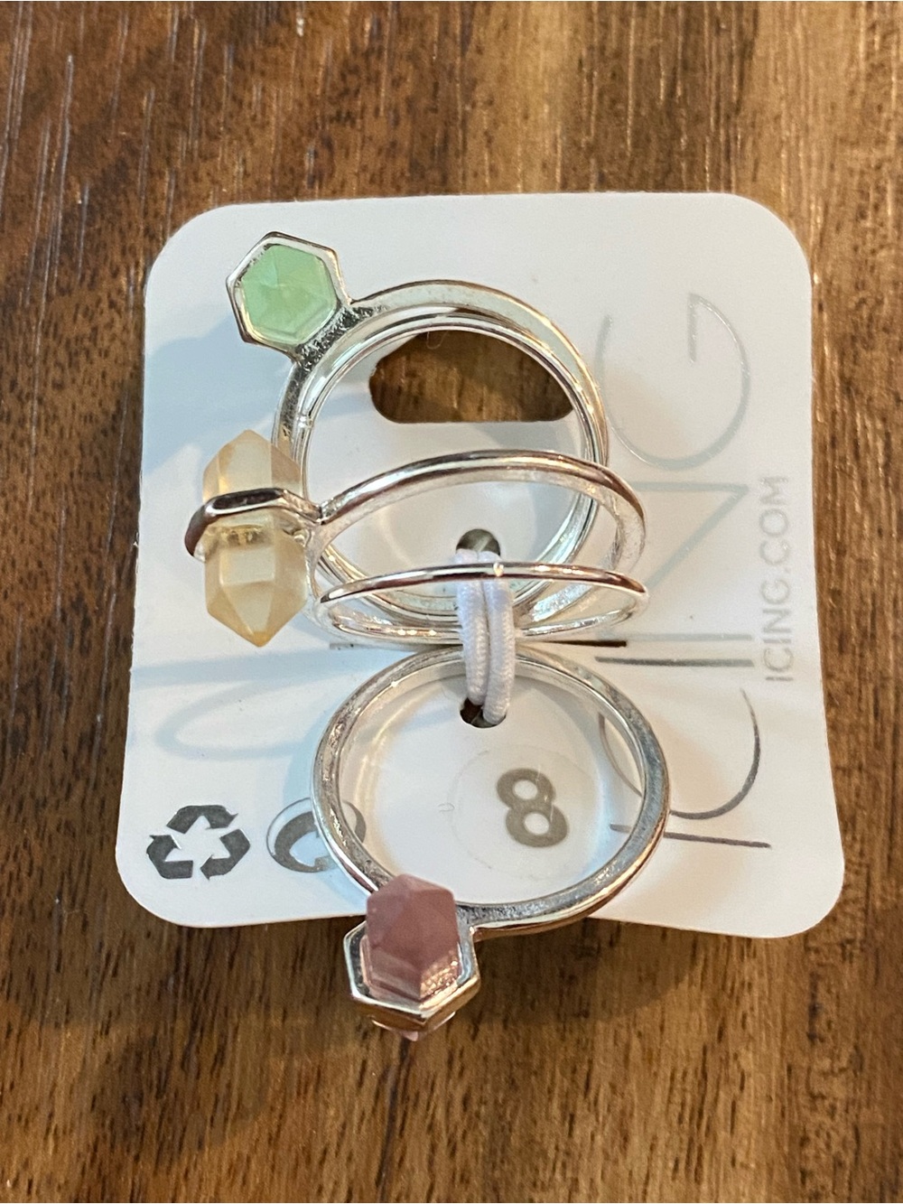 Icing Stackable Silver Tone Rings Set with Green, Yellow and Pink Faux Gemstones
